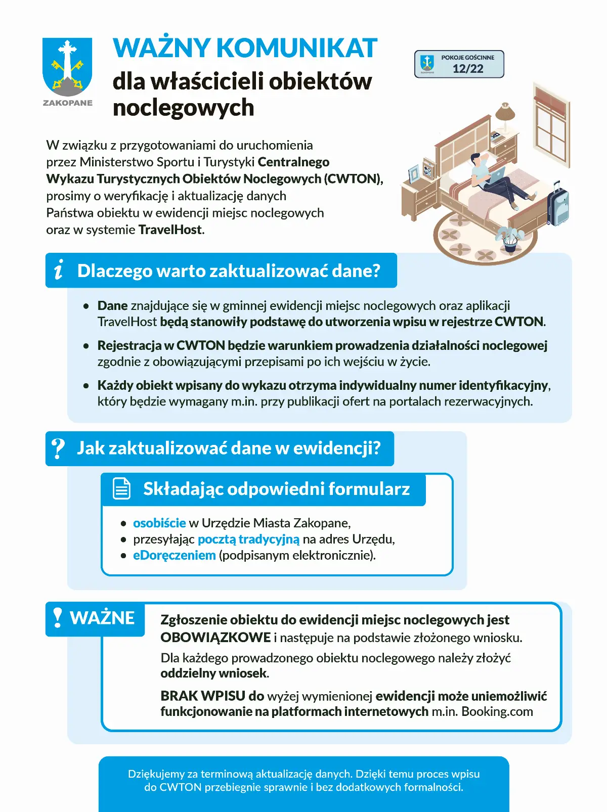 Właściciele obiektów noclegowych proszeni o aktualizację danych